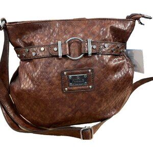Nicole New Crossbody Bag Brown Faux Leather Croc Texture Belted Brads Zip Purse